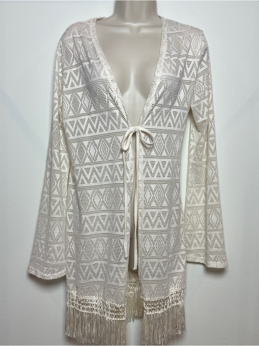 Cream Fringe Cardigan Boho Western Tie-Front Beach Swim Coverup Medium Fairy